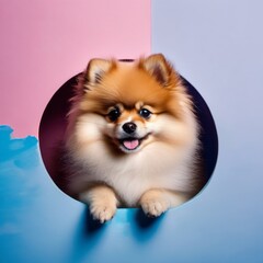 Fototapeta na wymiar puppy crawled out of a hole on an abstract background, style, front, beautiful,young, white, soft