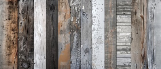 an aged wooden wall including cracked and weathered planks that display various wood textures in tones of gray, white, black, and brown.