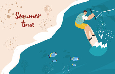 Summer time. Horizontal advertising banner on the theme of rest, relaxation, travel. Guy man riding a board, windsurfing, kiteboarding, vector hand drawn illustration.