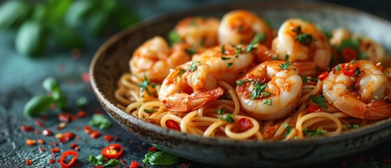a close up of a bowl of pasta with shrimp and parsley on the edge of the bowl and garnished with parsley.