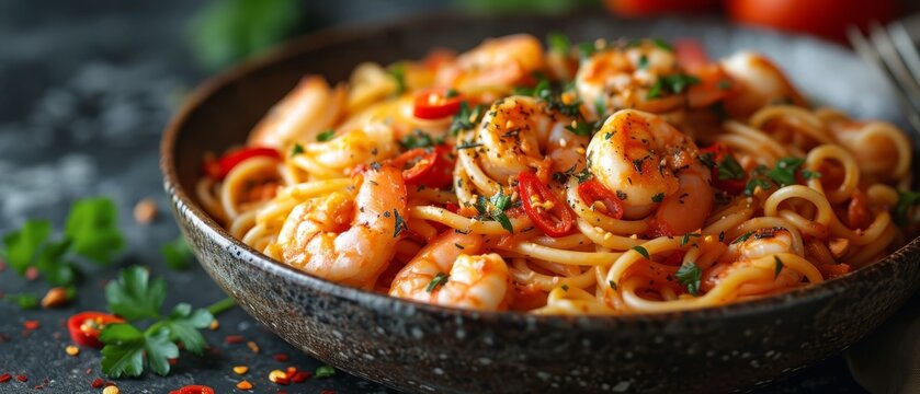 a close up of a bowl of pasta with shrimp and tomatoes on a table with a fork and garnishes.