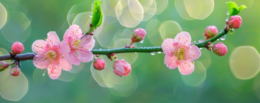A thin stalk of peach blossoms dangles in the breeze.