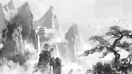 old Chinese landscape paintings in black and white