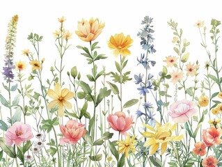 Vibrant Watercolor Botanical of Diverse Flowers and Foliage in Lush Garden Landscape