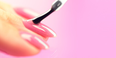 Applying nail polish on woman nails pink shellac UV gel, varnish, manicure process concept in beauty salon. Transparent top coat drop on brush. Over pink background. Application of nail polish. 