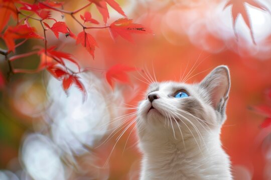 A gray and white feline with blue eyes peered up at the crimson maple leaves