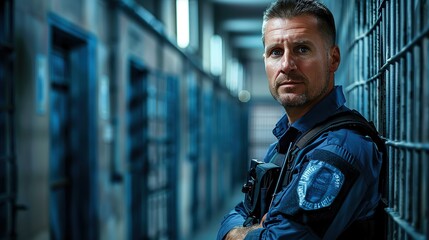 Correctional officer who patrols the premises to ensure order and security. copy space for text.