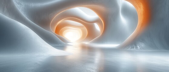 a picture of an ice cave with a light at the end of the tunnel in the middle of the picture.