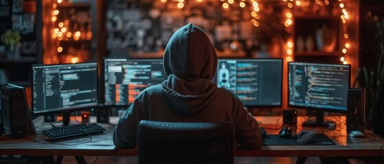 a person in a hooded jacket sitting at a desk with two computer monitors and a keyboard in front of them. - obrazy, fototapety, plakaty