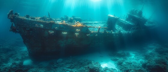 a ship in the middle of the ocean with a lot of debris on the bottom of the ship and the bottom part of the ship in the water. - obrazy, fototapety, plakaty
