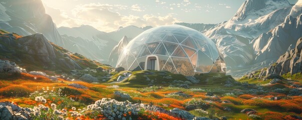 Geodesic dome amid a futuristic landscape sustainable living - obrazy, fototapety, plakaty