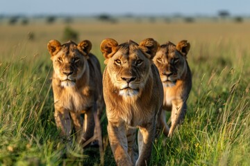 A pride of lions confidently walks towards the camera in the golden light of the savanna