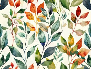 Lush and Vibrant Watercolor Foliage Patterns Showcasing the Natural Beauty of Leaves and Branches in Diverse Hues and Textures