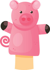 Hand puppet pink pig toy doll from sock childish theater game playing vector flat illustration