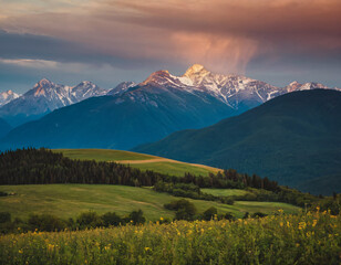 Fototapeta premium Sunset Glow on Snow-Capped Mountains