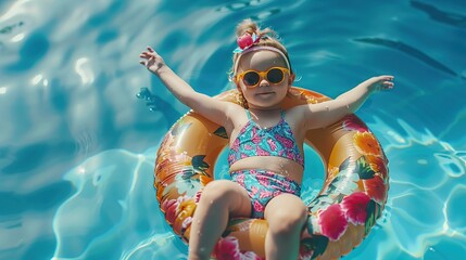 Cute funny toddler girl in colorful swimsuit and sunglasses relaxing on inflatable toy ring floating in pool have fun during summer vacation in tropical resort. Child having fun in swimming pool. - obrazy, fototapety, plakaty