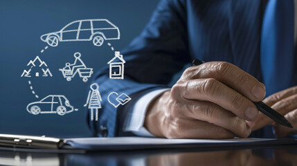 A businessman is captured in the act of drawing various insurance icons - a car, family, life, and health - each symbolizing the different facets of protection in insurance - obrazy, fototapety, plakaty