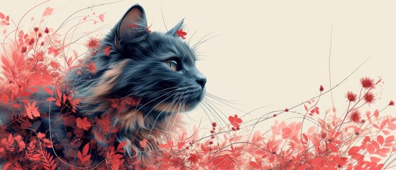a painting of a black and brown cat with red flowers on it's chest and a white wall in the background.
