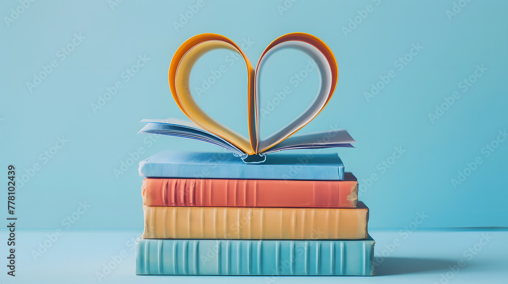 Poster close up of stack colorful books with open book in the shape heart on blue background