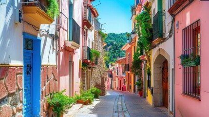 Fototapeta na wymiar Bright buildings on a narrow street in a Spanish town on sunny day