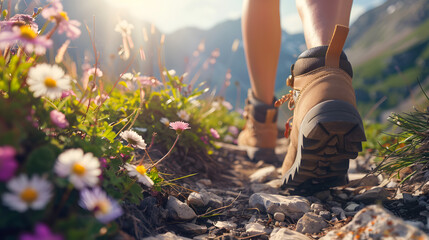 Fototapeta na wymiar Close up of female hiker's feet in boots walking on mountain path with flowers