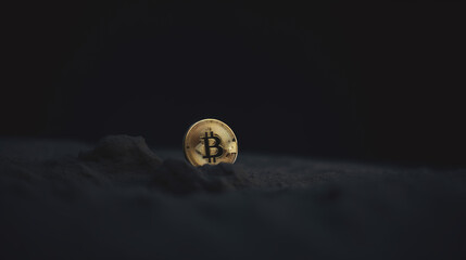 Close-up view of a shiny bitcoin gold coin against a dark background