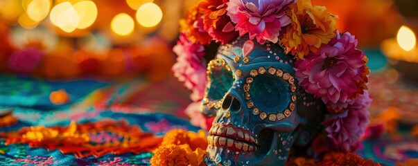 Bright skull with flower headpiece on a colorful tablecloth, a bright Day of the Dead celebration in Mexico, and warm sunset light with bokeh effect