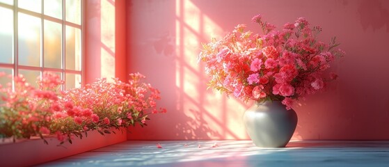 a vase filled with pink flowers on top of a table next to a window with the sun shining through the windows.