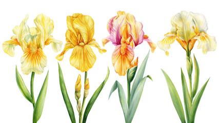 Watercolor yellow irises, beautiful flowers isolated on white background. Hand drawn floral illustration. Greeting card - 778102872