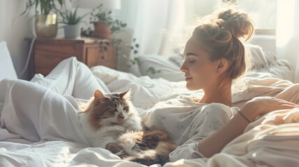 Cozy intimate scene of attractive young woman lounging on bed in sunlit apartment bedroom