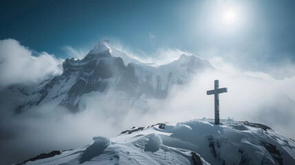 cross on mount everest in the snowy season - obrazy, fototapety, plakaty