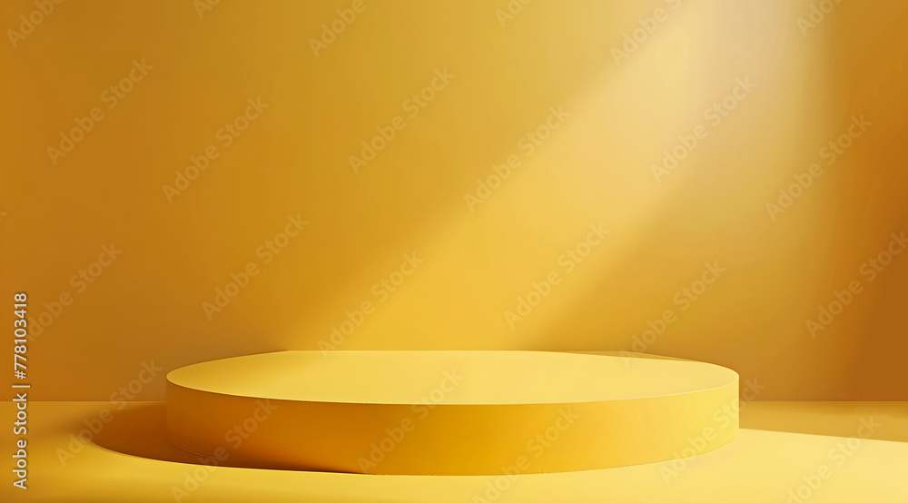 Poster minimalist yellow display stand basking in soft light. ideal for product presentation. clean design 