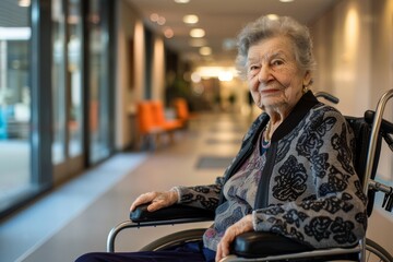 Elderly Woman in Wheelchair in Hospital Hallway - obrazy, fototapety, plakaty