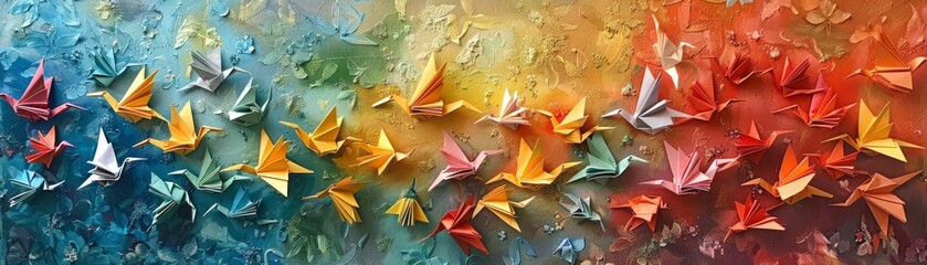 Origami crane flock paper art - obrazy, fototapety, plakaty