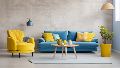 Blue and yellow living room interior with a sofa armchair coffee table plant and lamp