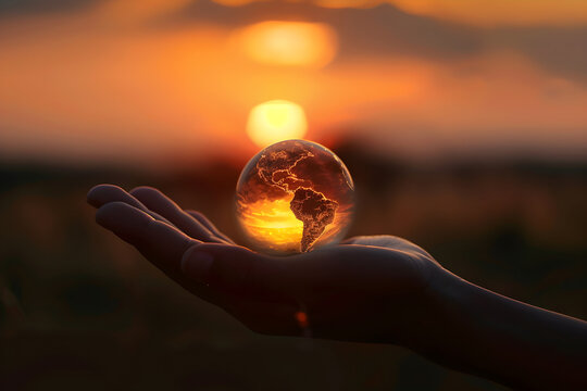 A small globe in a hand with the sunset in the background, symbolizing the vulnerability of our planet and the need to take care of it.