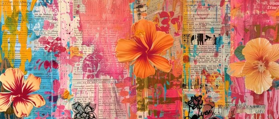 flowery patterns, vibrant colors, mixed-media artwork, and newspaper collage patterns