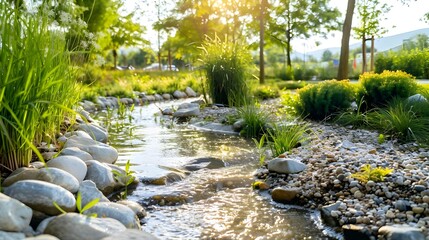 A serene stream flows through a park, winding its way amidst rocks and lush green grass, creating a...
