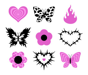 Y2k glamour sticker set. Butterfly, heart, flower, fire, flame, tattoo. 2000s style. Vector set. 90s, 00s aesthetic. Pink and black.