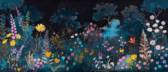 Fototapeta na wymiar At night, shadows turn into flowers, a nocturnal garden growing from the shadows.