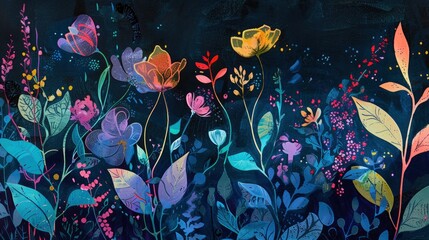 At night, shadows turn into flowers, a nocturnal garden growing from the shadows. - obrazy, fototapety, plakaty