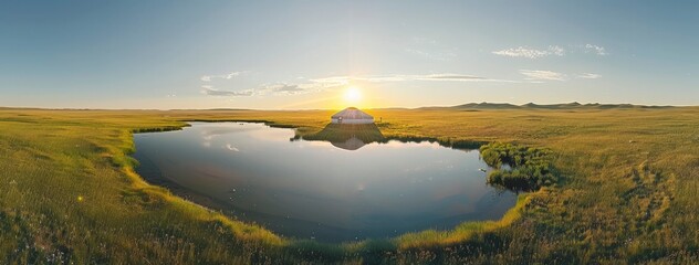 Springtime on the steppe, yurt, lake, early morning light, incredibly wide angle, view from above - obrazy, fototapety, plakaty