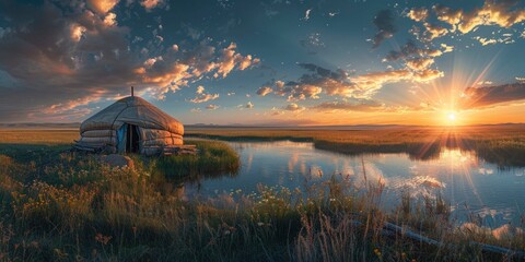 Springtime on the steppe, yurt, lake, early morning light, incredibly wide angle, view from above