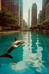 Obraz premium A dolphin in a body of water in the middle of a big city street is generated AI