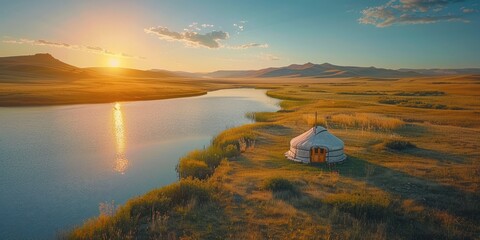 Springtime on the steppe, yurt, lake, early morning light, incredibly wide angle, view from above - obrazy, fototapety, plakaty