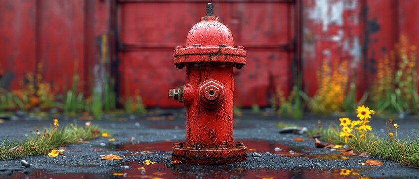 a red fire hydrant sitting on the side of a road in front of a red building with yellow flowers.
