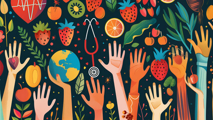  Empowering Health Hands. an illustration of diverse hands holding stethoscopes, heart globes, health books, and fresh produce. Bold colors, confident unity. WorldHealthDay