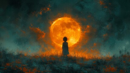Fototapeta premium a painting of a person standing in a field in front of a large orange ball of fire in the sky.