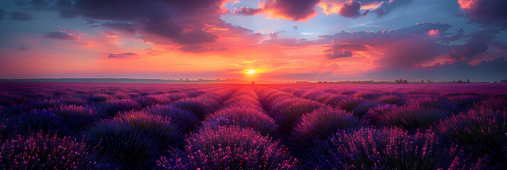 Lavender Field with Colorful Sky Background at Sunset, Sunset in a field of lavender 