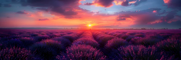 Wandcirkels plexiglas Lavender Field with Colorful Sky Background at Sunset, Sunset in a field of lavender  © xapharu